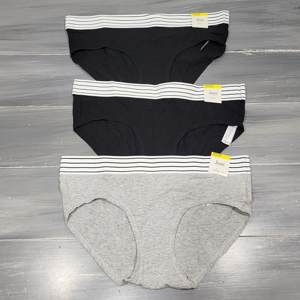 Jenni Cotton Hipster Underwear Elastic Waistband Gray Black Medium 3 Pair‎